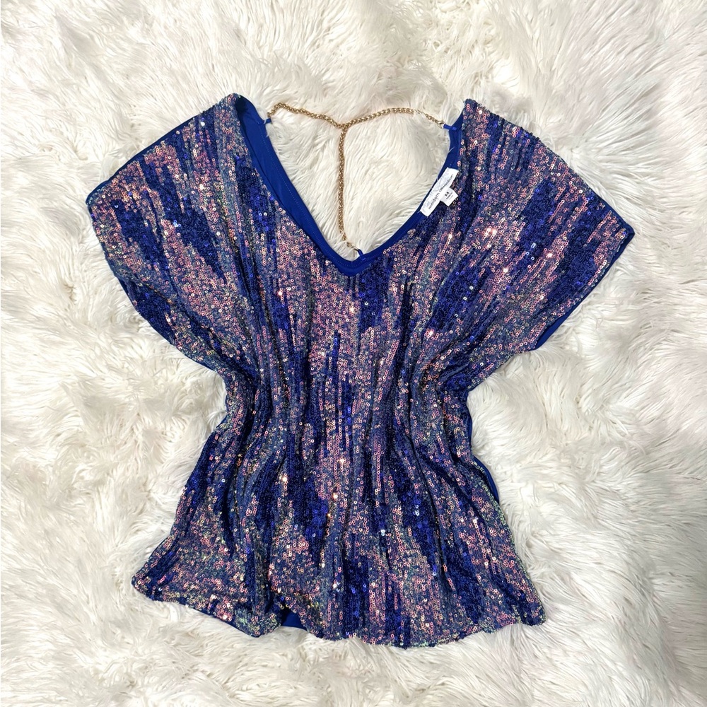 Sequin V-Neck Party Top - Blue/Pink